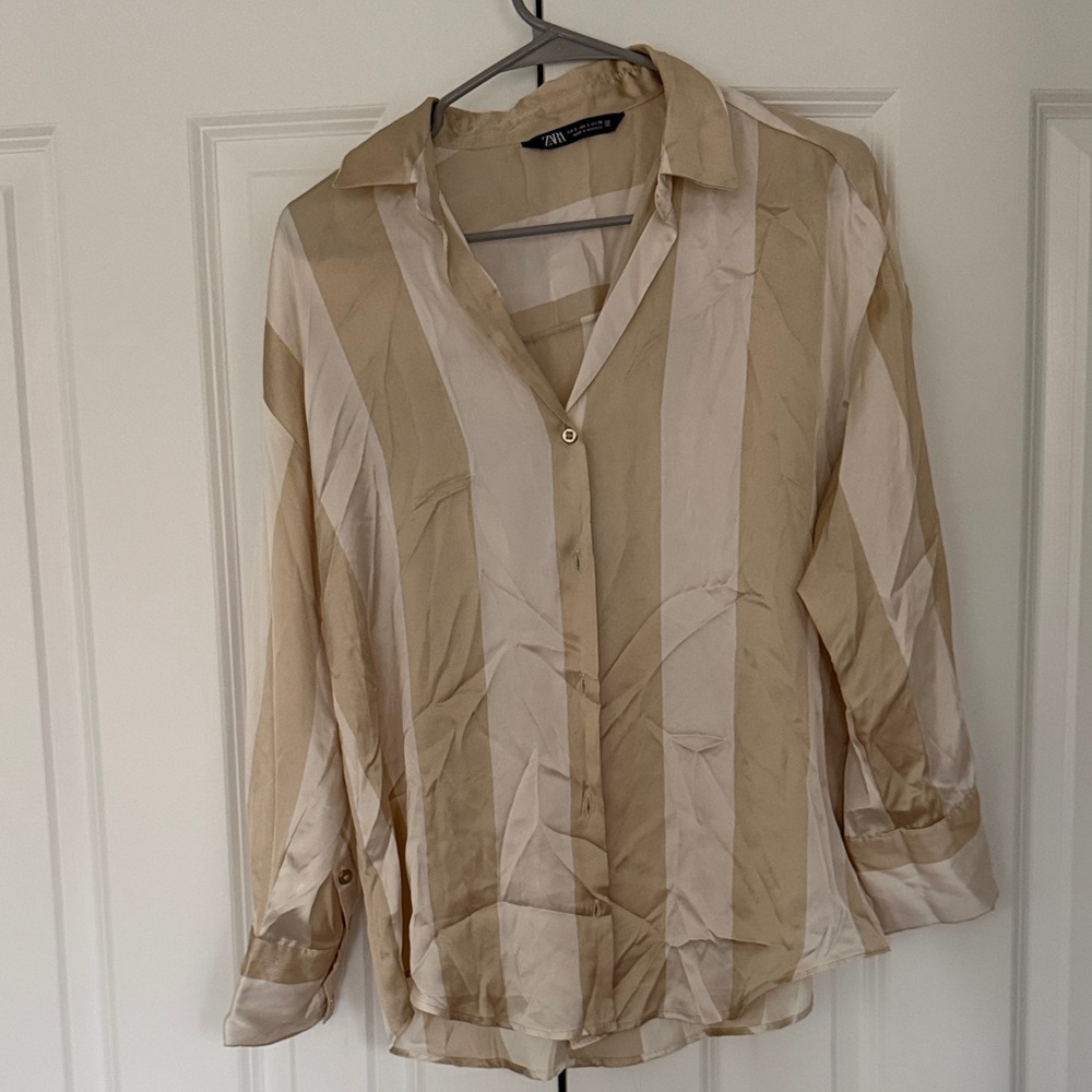 ZARA Beige & Cream Satin-Striped Button-Front Shirt